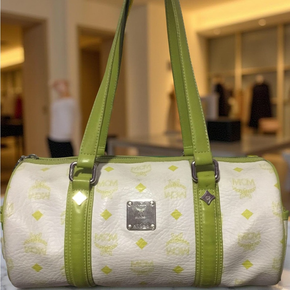 MCM Visetos Monogram Bag White with Green Trim Dustbag